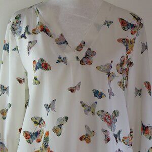 Casting Women's White Butterfly Print 3/4 Sleeve Pullover Blouse Size S (C1024)
